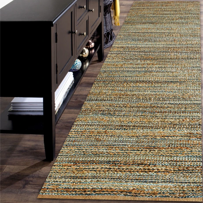 LR Home Natural Fiber Tan/Aqua Blue/Medium Blue 03337 2 ft. 6 in. X 7 ft. 9 in. Rect. Rug