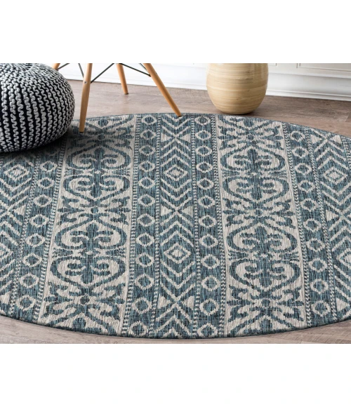 LR Home Sun Shower 81250 Teal/ Beige 7'-6" X 7'-6" Round Rug