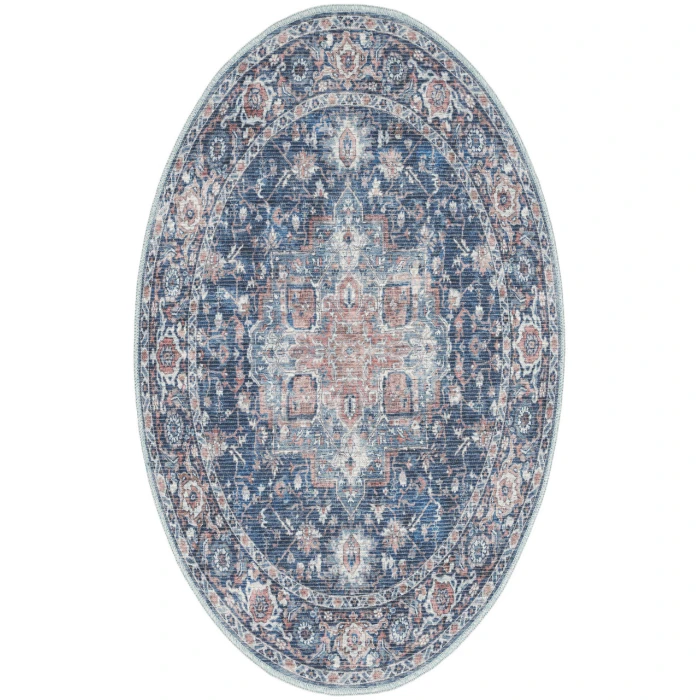 Nicole Curtis Machine Washable Series 1 Ivory Navy SR101 4 ft. Round Rug