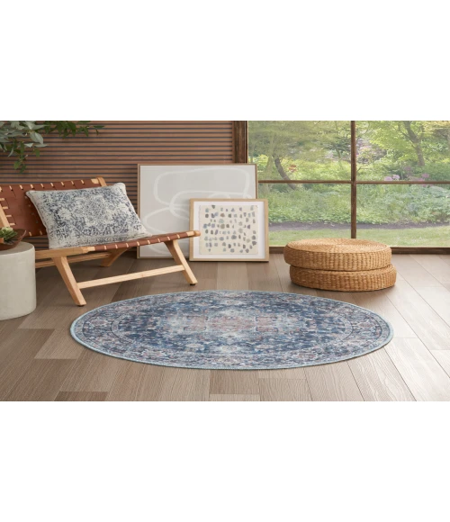 Nicole Curtis Machine Washable Series 1 Ivory Navy SR101 4 ft. Round Rug