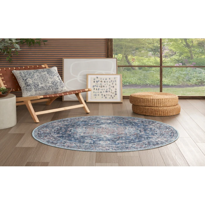 Nicole Curtis Machine Washable Series 1 Ivory Navy SR101 4 ft. Round Rug