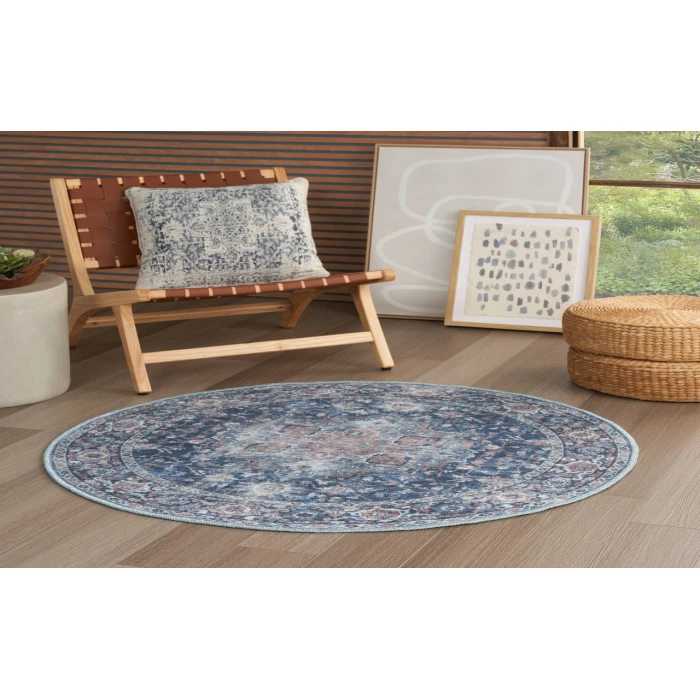 Nicole Curtis Machine Washable Series 1 Ivory Navy SR101 4 ft. Round Rug