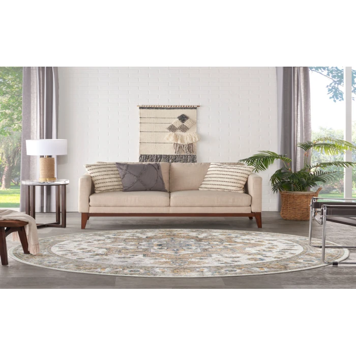 Nourison Astra Machine Washable Beige ASW12 5 ft. 3 in. Round Rug