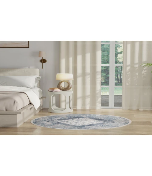 Nourison Astra Machine Washable Blue Ivory ASW11 5 ft. 3 in. Round Rug