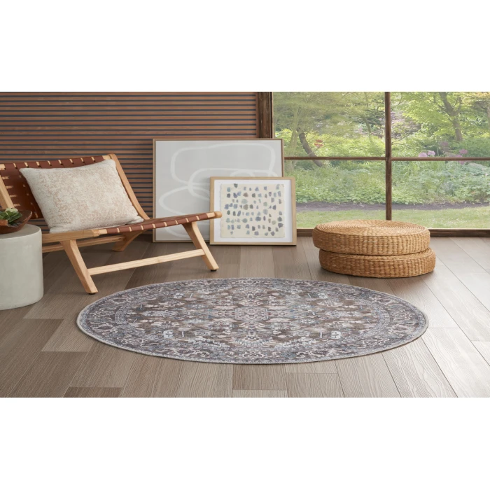 Nicole Curtis Machine Washable Series 1 Olive Ivory SR104 4 ft. Round Rug