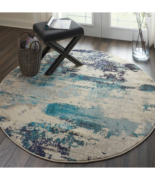 Nourison Celestial Round Area Rug CES02-Ivory/Teal Blue