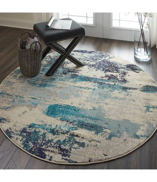 Nourison Celestial Round Area Rug CES02-Ivory/Teal Blue