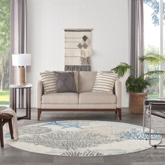 Nourison Seaside Ivory Grey Blue SDS04 5 ft. X Round Rug
