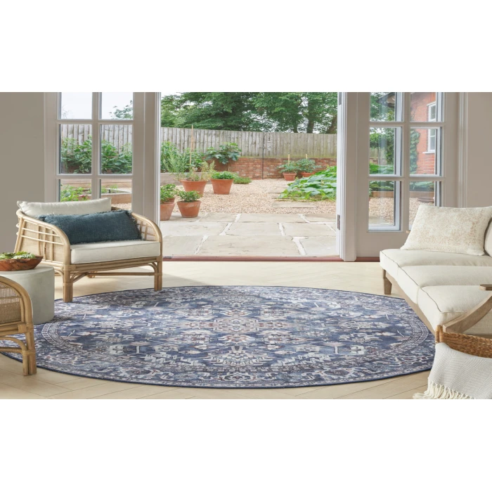 Nicole Curtis Machine Washable Series 1 Navy Ivory SR104 7 ft. 10 in. Round Rug
