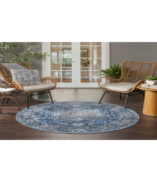 Nicole Curtis Machine Washable Series 1 Ivory Navy SR101 5 ft. 3 in. Round Rug