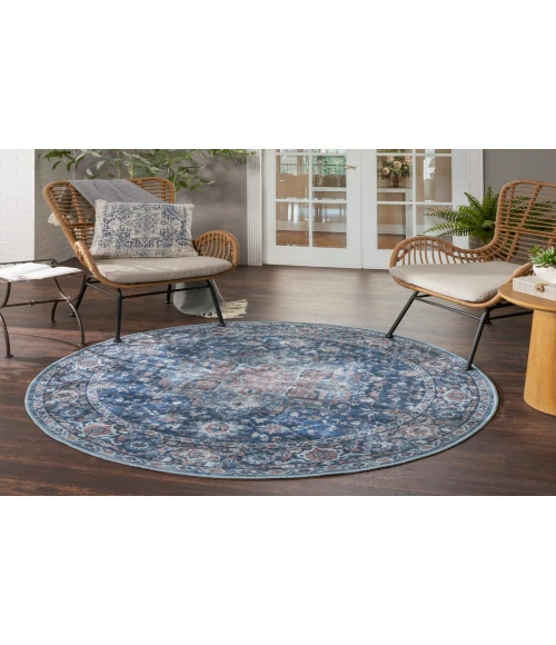 Nicole Curtis Machine Washable Series 1 Ivory Navy SR101 5 ft. 3 in. Round Rug