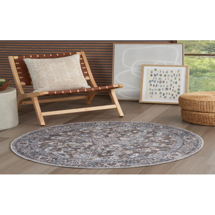 Nicole Curtis Machine Washable Series 1 Olive Ivory SR104 4 ft. Round Rug