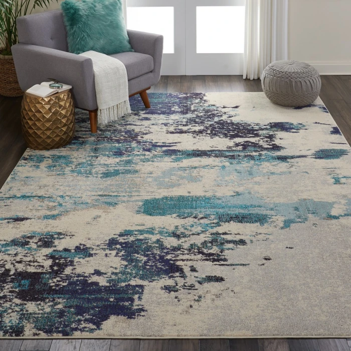 Nourison Celestial Area Rug CES02-Ivory/Teal Blue