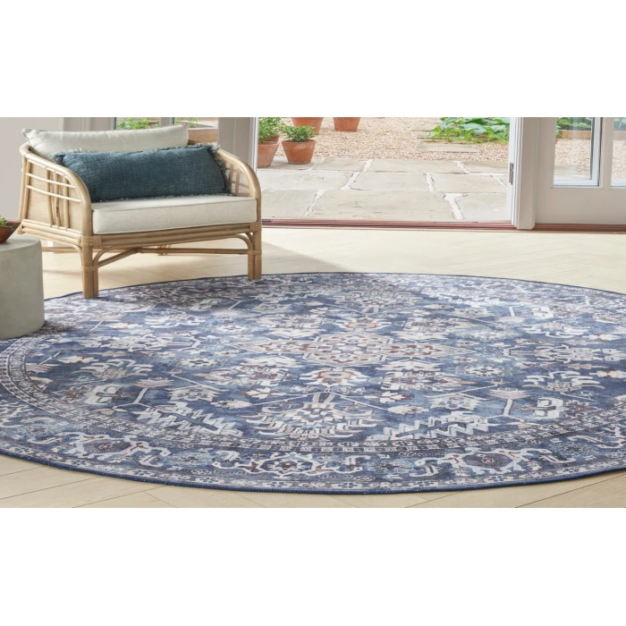 Nicole Curtis Machine Washable Series 1 Navy Ivory SR104 7 ft. 10 in. Round Rug