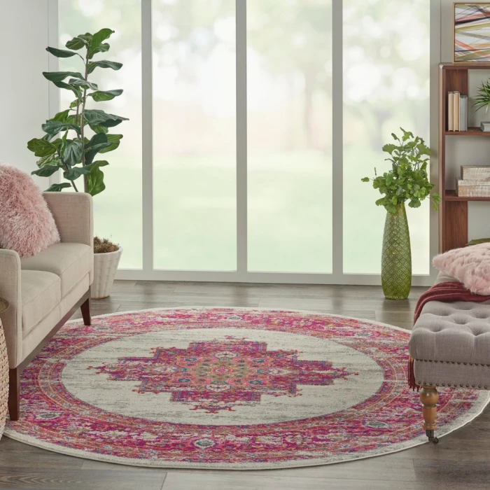 Nourison Passion Round Area Rug PSN03-Ivory/Fuchsia