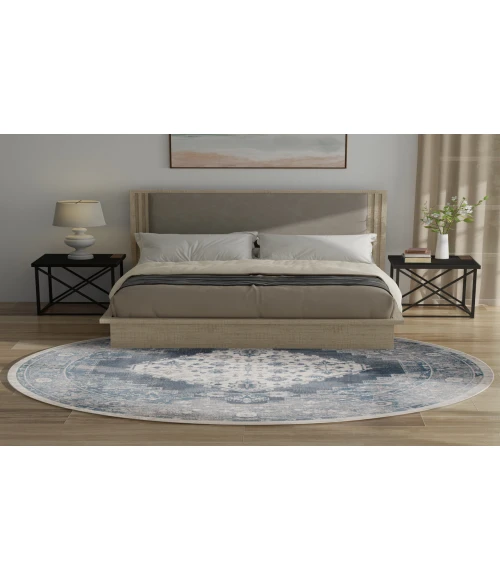 Nourison Astra Machine Washable Blue Ivory ASW11 7 ft. 10 in. Round Rug