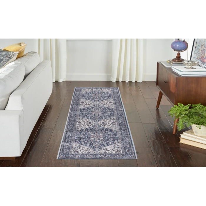 Nicole Curtis Machine Washable Series 1 Navy Ivory SR104 2 ft. 2 in. X 12 ft. Rectangle Rug
