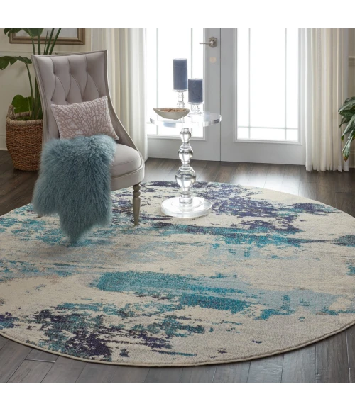 Nourison Celestial Round Area Rug CES02-Ivory/Teal Blue