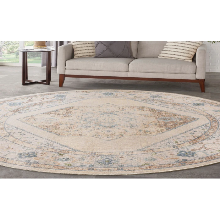 Nourison Astra Machine Washable Ivory Blue ASW13 5 ft. 3 in. Round Rug