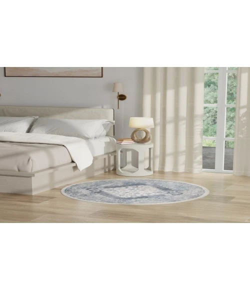 Nourison Astra Machine Washable Blue Ivory ASW11 5 ft. 3 in. Round Rug