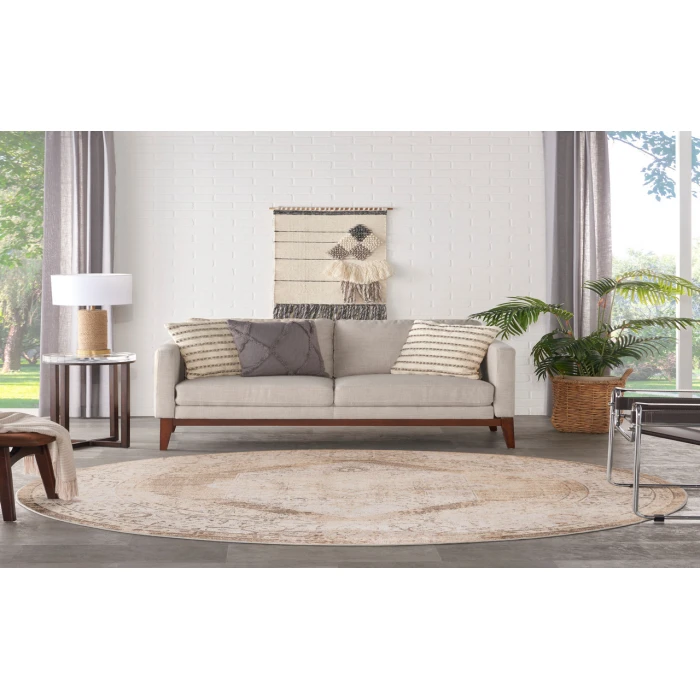 Nourison Astra Machine Washable Beige ASW13 5 ft. 3 in. Round Rug