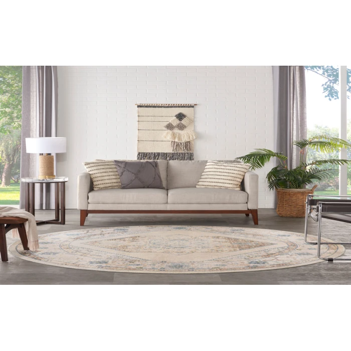 Nourison Astra Machine Washable Ivory Blue ASW13 5 ft. 3 in. Round Rug