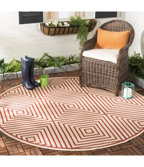 Safavieh Beach House BHS123 Red / Creme 6'-7" X 6'-7" Round Area Rug