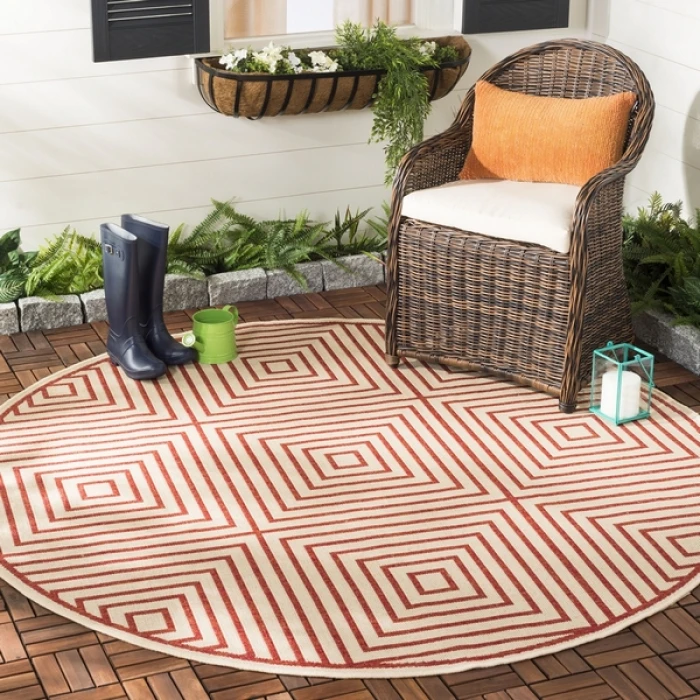 Safavieh Beach House BHS123 Red / Creme 6'-7" X 6'-7" Round Area Rug