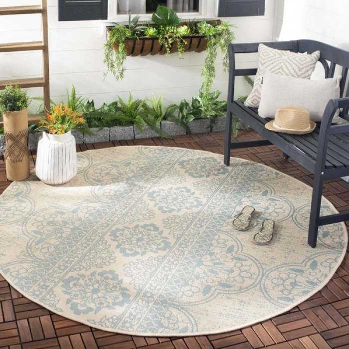 Safavieh Beach House BHS174 Aqua / Cream 8' X 8' Round Area Rug