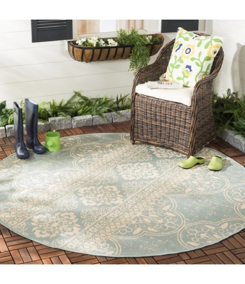Safavieh Beach House BHS174 Cream / Aqua 4' X 4' Round Area Rug