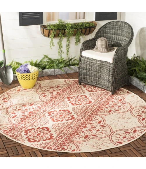 Safavieh Beach House BHS174 Red / Creme 4' X 4' Round Area Rug