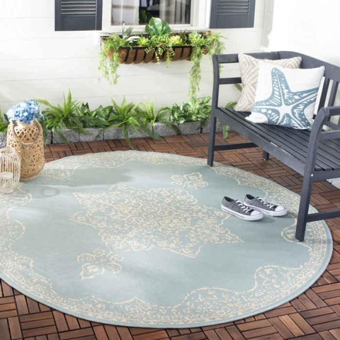 Safavieh Beach House BHS180 Cream / Aqua 8' X 8' Round Area Rug