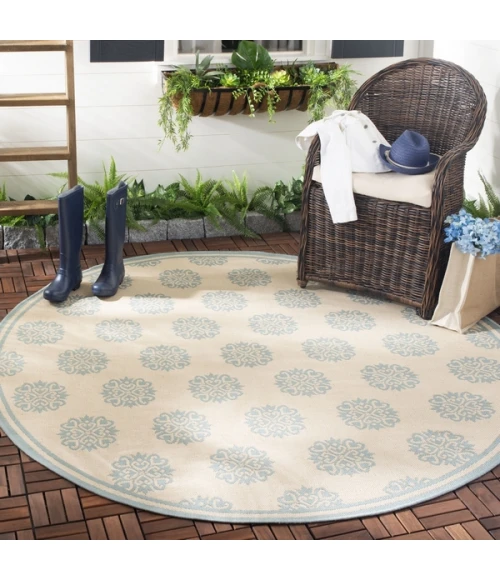 Safavieh Beach House BHS181 Cream / Aqua 8' X 8' Round Area Rug