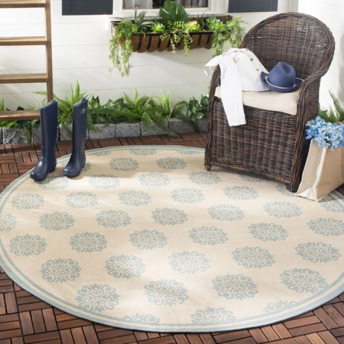 Safavieh Beach House BHS181 Cream / Aqua 8' X 8' Round Area Rug