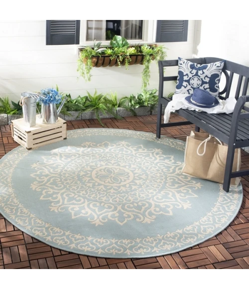 Safavieh Beach House BHS183 Cream / Aqua 8' X 8' Round Area Rug