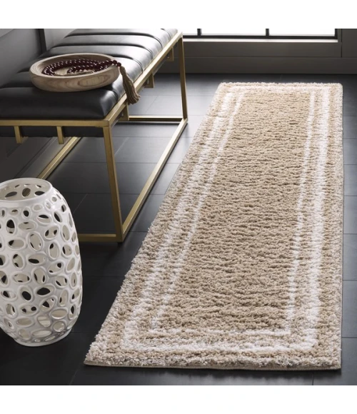 Safavieh Border & Stripe Shag BSP251 Beige / Ivory 2'-2" X 8' Runner Area Rug