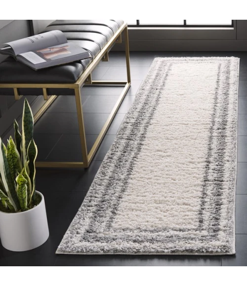 Safavieh Border & Stripe Shag BSP251 Ivory / Grey 2'-2" X 8' Runner Area Rug