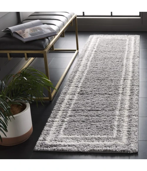 Safavieh Border & Stripe Shag BSP251 Grey / Ivory 2'-2" X 8' Runner Area Rug