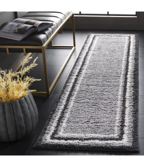Safavieh Border & Stripe Shag BSP251 Grey / Black 2'-2" X 8' Runner Area Rug