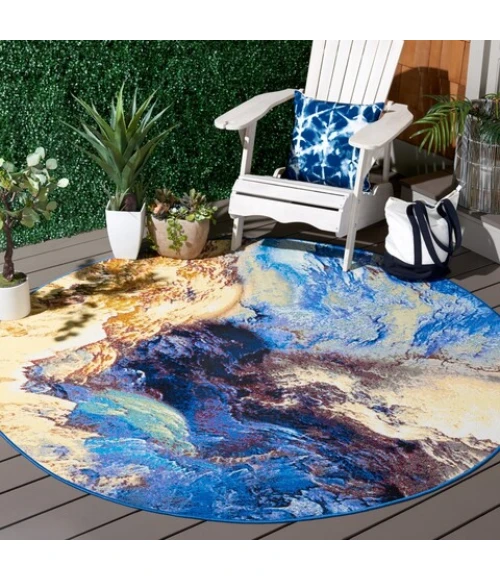 Safavieh Barbados BAR540 Blue / Rust Gold 6'-6" X 6'-6" Round Area Rug