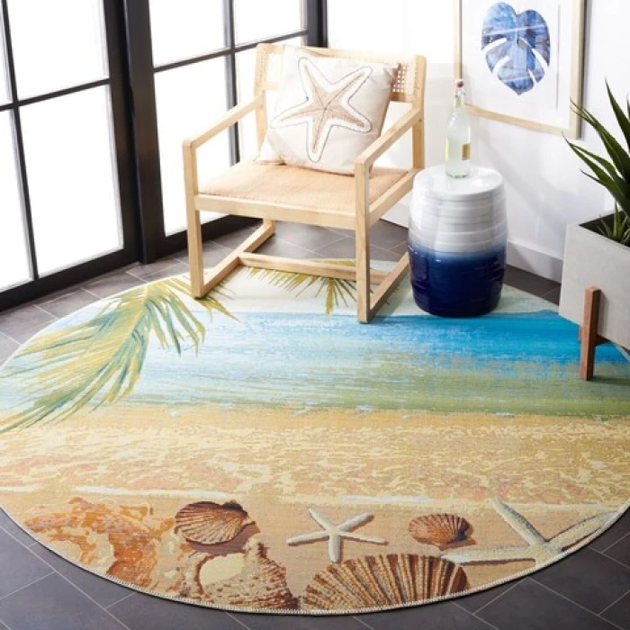 Safavieh Barbados BAR555 Gold / Blue 8' X 8' Round Area Rug