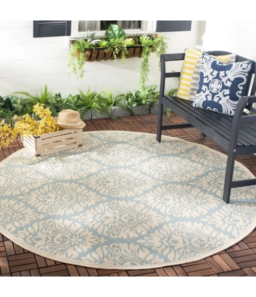 Safavieh Beach House BHS135 Aqua / Cream 6'-7" X 6'-7" Round Area Rug