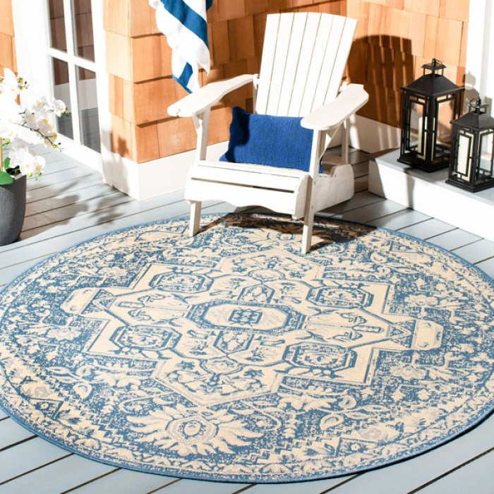 Safavieh Beach House BHS138 Cream / Blue 4' X 4' Round Area Rug
