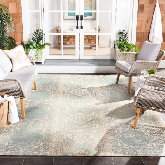 Safavieh Beach House BHS174 Cream / Aqua 6'-7" X 9'-2" Rectangle Area Rug