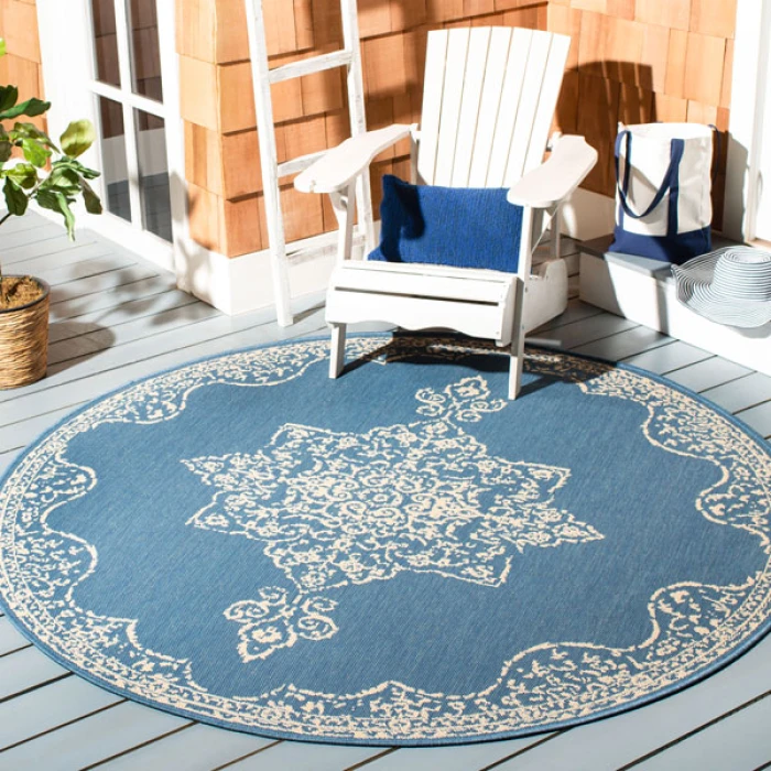Safavieh Beach House BHS180 Cream / Blue 6'-7" X 6'-7" Round Area Rug