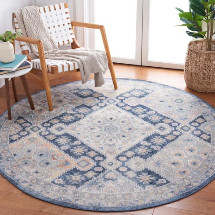 Safavieh Blair Washable BLR220 Grey / Navy 6'-7" X 6'-7" Round Area Rug