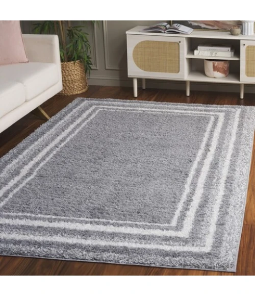 Safavieh Border & Stripe Shag BSP251 Grey / Ivory 4'-5" x 6'-5" Rectangle Area Rug