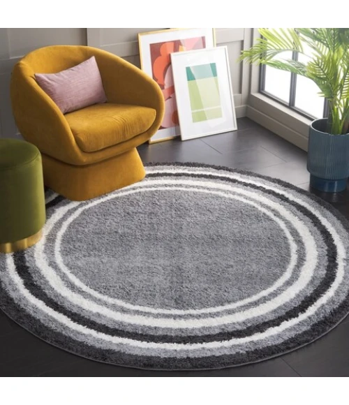 Safavieh Border & Stripe Shag BSP251 Grey / Black 6'-7" X 6'-7" Round Area Rug