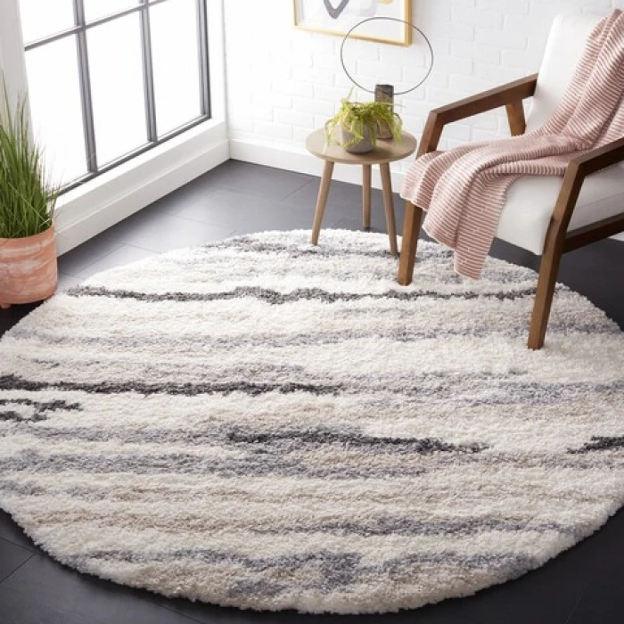 Safavieh Fontana Shag  Ivory / Grey FNT833 6 ft. 7 in. X 6 ft. 7 in. Round Rug