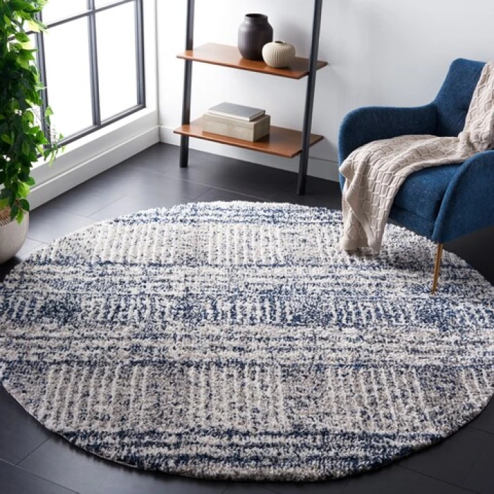 Safavieh Jericho Shag Navy / Ivory JER100 3 ft. X 3 ft. Round Rug